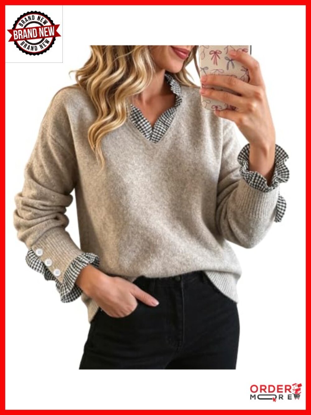 Womens Pullover Sweater 2 in 1 Patchwork V Neck Casual Knit Top